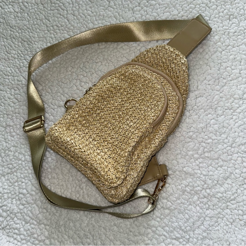 Urban Expressions straw woven crossbody sling bag adjustable strap zippers gold - Picture 15 of 15